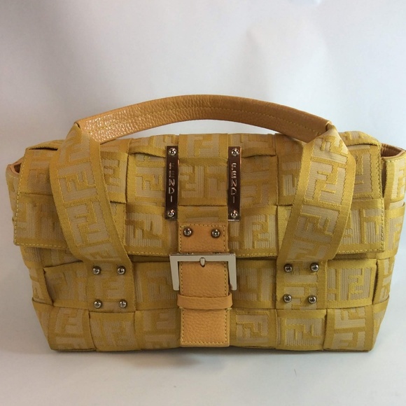 Fendi Handbags - FENDI Yellow Logo Weave Crossword Handbag Satchel